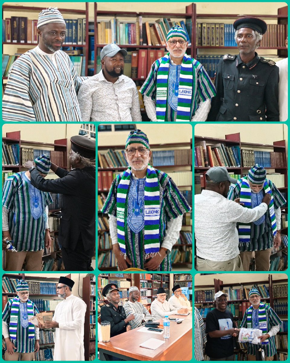 JalsaSalanaSL's tweet photo. 🌟 Farewell Meeting 🤝✈️

After a heartfelt farewell meeting with the National Amila and Muballigheen, the Markazi Guest was honored with beautiful traditional attire by Chief Nazir Ahmad Ali Kamanda Bongay and Chief Unisa Deen Kargo as a token of love and respect.
#JalsaSalone https://t.co/TRItNzd2A5