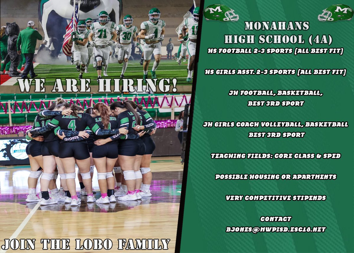 JONES__Brandon's tweet photo. 🚨Monahans is hiring!🚨 Plenty of opportunities for Coaches in any stage of their career! @Matt_Stepp817 https://t.co/xFKOHxkkzM