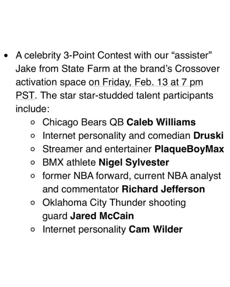 bearszn's tweet image. Bears QB Caleb Williams is going to participate in the NBA’s celebrity 3-Point Contest on Friday, Feb. 13 with Druski, PlaqueBoyMax and others. 👀 

CW getting national recognition now. Love to see it! Should be fun. 🐻⬇️

(H/T: @TheDunkCentral)