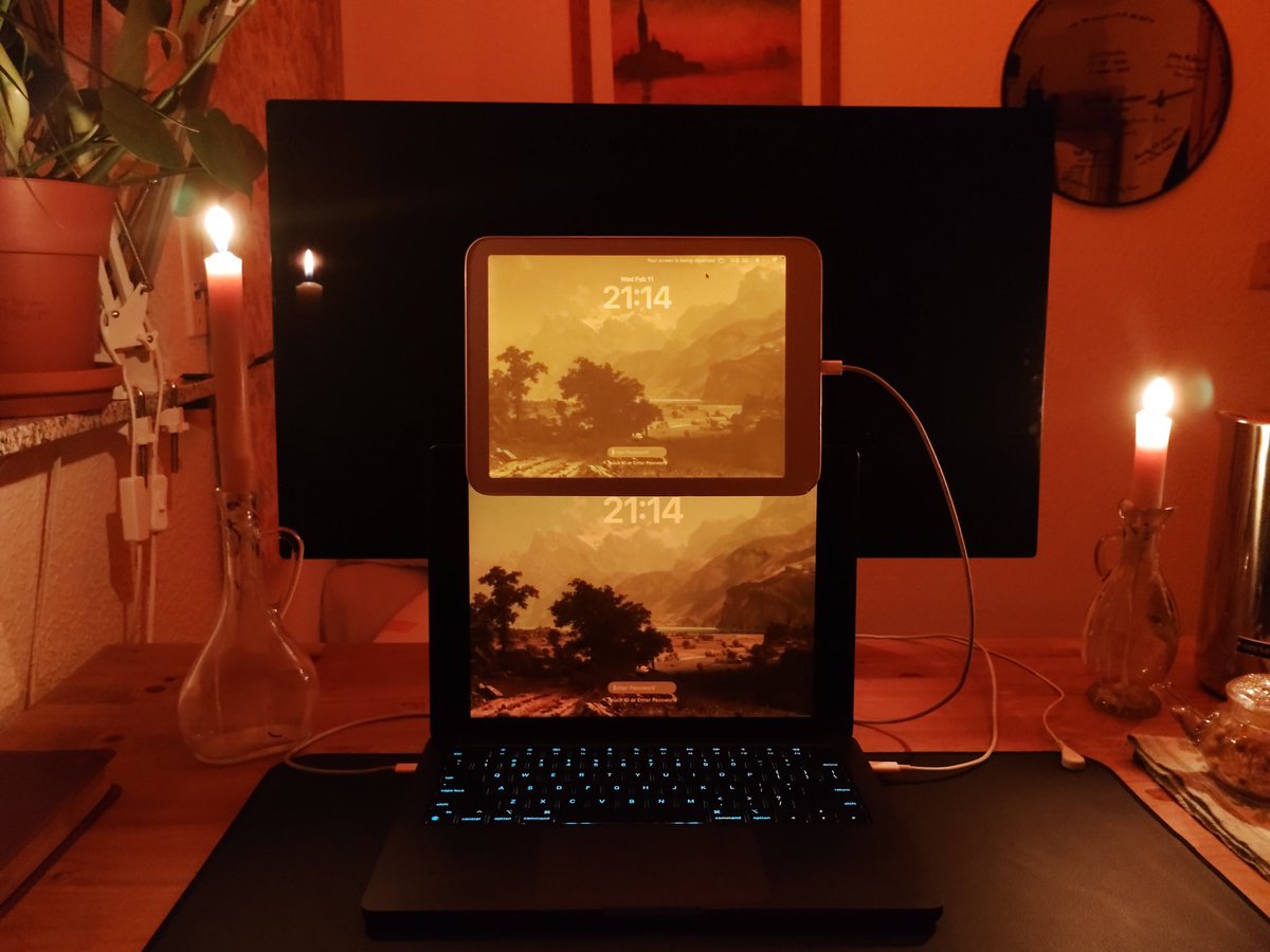 Rate my nighttime vibecoding setup

- <a href="/daylightco/">daylight</a> mirroring Mac via usb at 30fps
- beeswax candles and amber light bulb
- Ethernet cable
- grounding desk mat
- chamomile tea
- Claude Monet painting

and Claude telling me he can’t unlock X until March 1st…