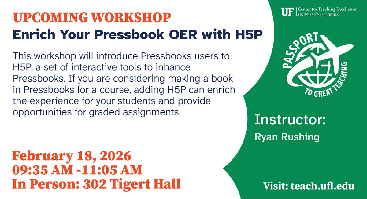 UF_CTE's tweet photo. Want to learn how you can enhance your Pressbook materials with pre-provided tools? If you answered yes, join us in ONE week!
Register in the Passport Portal: https://t.co/0KduAqkfYi
Create an account: https://t.co/plnko5zd2y
#passport #UF #highered #springworkshops #OER #H5P https://t.co/ASVguLcjqX