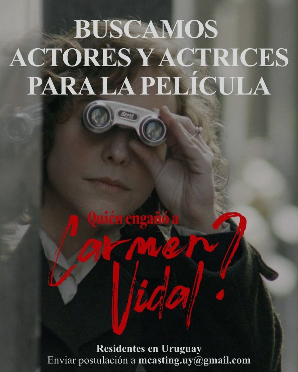 EvaCorpHoy's tweet photo. Llamado a casting para la película “Quién engañó a Carmen Vidal?” en Uruguay!! Gracias por compartir, a ver si encontramos a nuestros personajes! 🤞❤️🎬 #cine https://t.co/dbDeJlr6Ro
