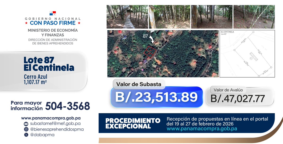 dabapma's tweet photo. Procedimiento excepcional de contratación en línea del Lote No. 87, ubicado en El Centinela de Cerro Azul
 
 ✅ 1,107.17 m2

 ✅ Recepción de propuestas en el portal de PanamaCompra [sección V3], del 19 al 27 de febrero de 2026.

✅ Acto No. 2026-0-16-01-08-CL-000968 https://t.co/OwI3U7sboV