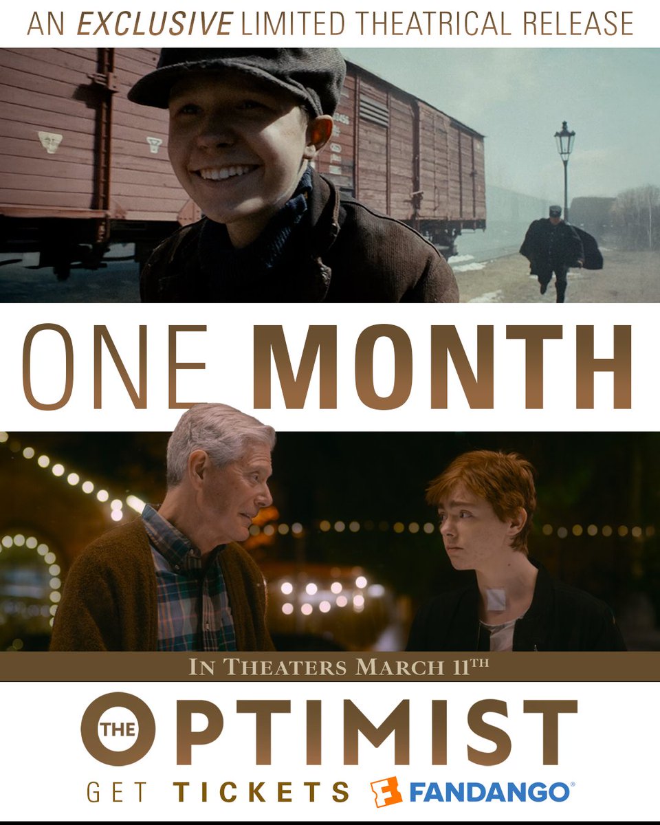 In ONE MONTH - don’t miss this true story on the big screen.  

THE OPTIMIST is only in theaters March 11 and 15 for a limited release. 
Be an optimist and get tickets now: theoptimistmovie.com  

#THEOPTIMIST #BecomeAnOptimist
#NewMovie #HolocaustHistory #MentalHealth