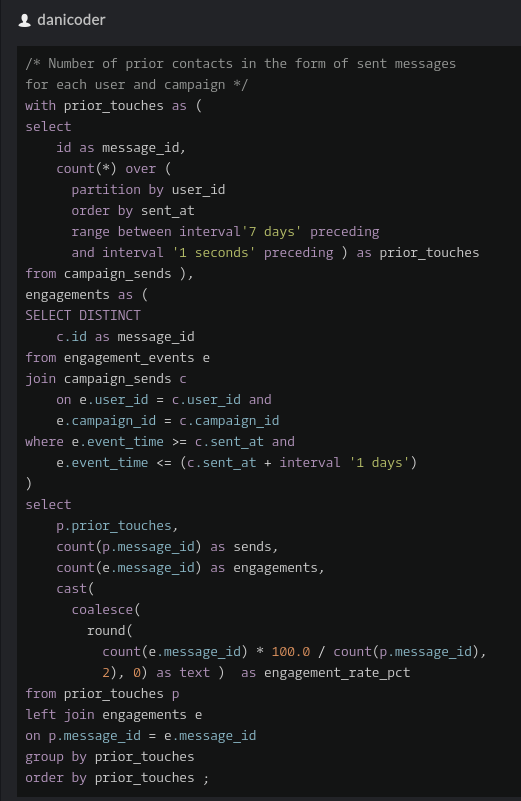 chusk2's tweet photo. Modeling user fatigue in SQL isn't as easy as it looks! 📊Just finished this @codewars Kata involving complex window functions, time intervals, and engagement tracking. Great practice for real-world marketing data. https://t.co/rG5uhwTxpb
#SQL #DataScience #Analytics https://t.co/6IiOhuVJC1