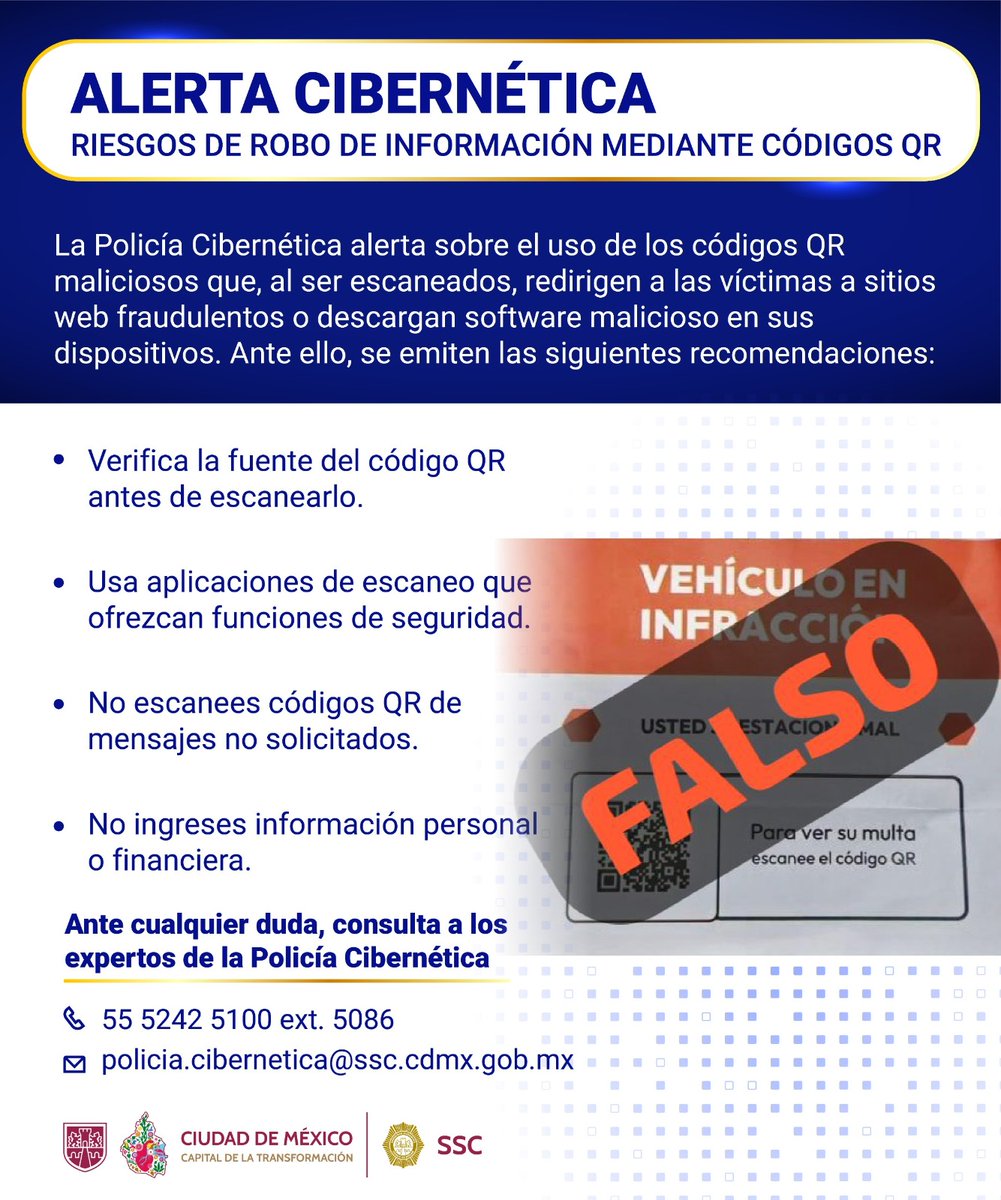 #AlertaCibernética | La #PolicíaCibernética alerta sobre el uso de los códigos #QR maliciosos que, al ser escaneados, redirigen a las víctimas a sitios web fraudulentos o descargan software malicioso en sus dispositivos.
Te brindamos estas recomendaciones para evitar el robo de