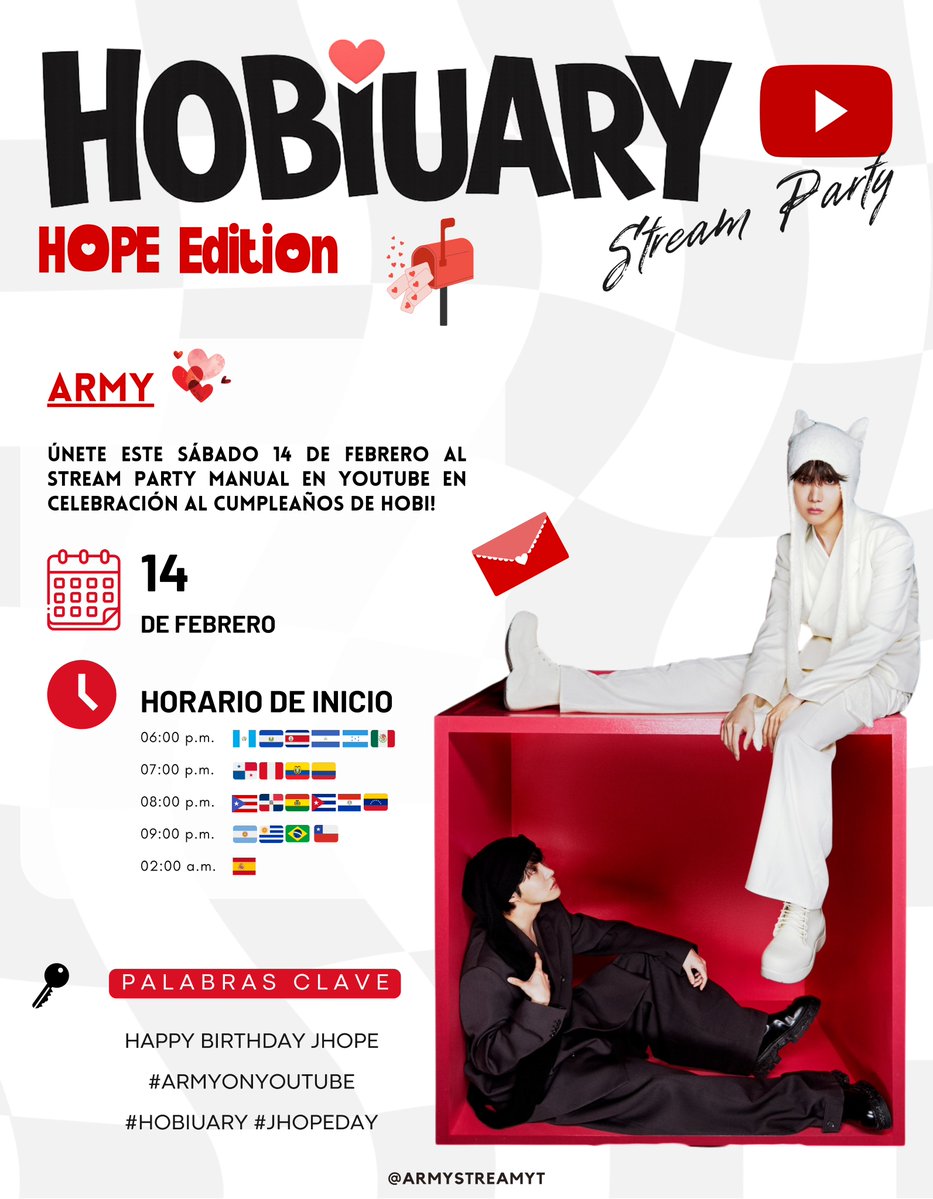 💘𝗛𝗢𝗕𝗜𝗨𝗔𝗥𝗬 𝗦𝗧𝗥𝗘𝗔𝗠 𝗣𝗔𝗥𝗧𝗬 🎂

→ ARMY 💜, únete este 14 de febrero 💘 al stream party manual en YouTube en celebración al cumpleaños de j-hope 🌟🐿️

🔁 Difunde para llegar a más armys!

🔑
 HAPPY BIRTHDAY JHOPE 
#Hobiuary 
#ARMYonYouTube
