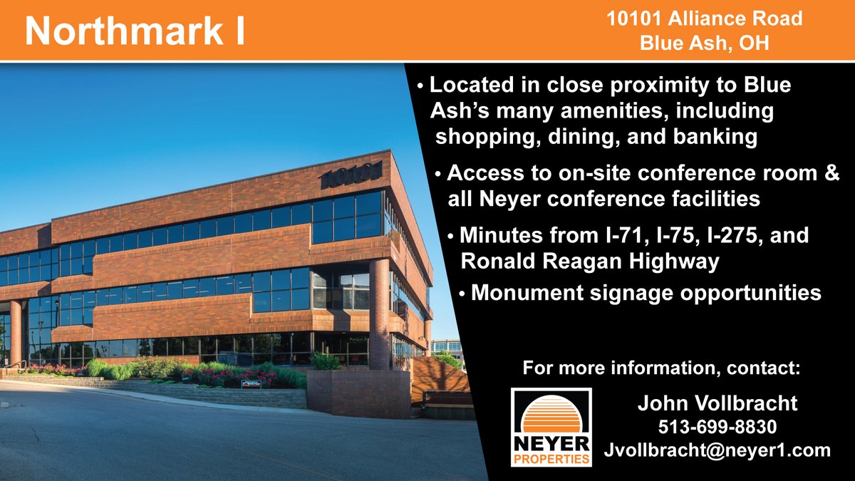 Today’s #FeaturedProperty is Northmark I. This office building is located along Reed Hartman and across from Summit Park. Currently, the available suites in Northmark I range from approximately 2,000 square feet to over 13,000 square feet!

#OfficeSpace #CRE #BlueAsh