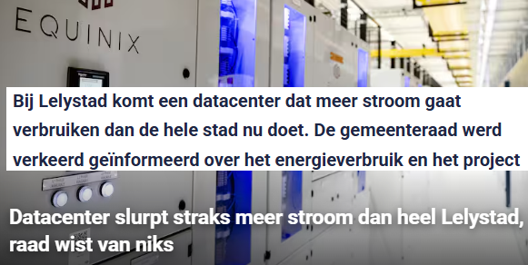 Piratenpartij's tweet image. Equinix en stadsbestuur logen de gemeenteraad voor over energieverbruik nu.nl/klimaat/638541…
"Evenveel als 200.000 huishoudens" #Lelystad #DataCenters

En ze omzeilen vestigingsverbod voor grote datacenters, net als in Amsterdam: mastodon.social/@Matthijs85/11…