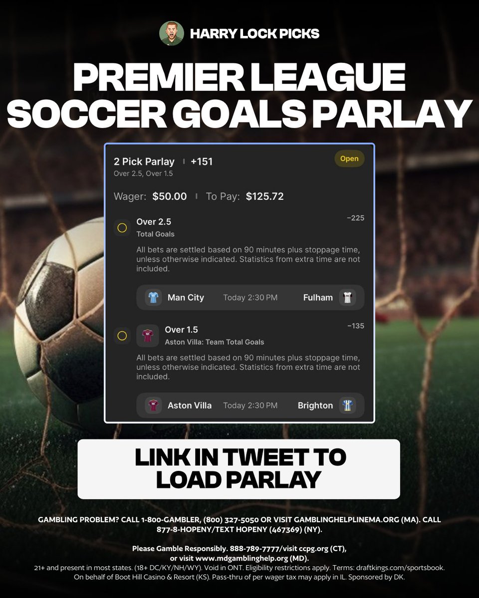 HarryLockPicks's tweet photo. ⚽️ EPL Goals Parlay!

One click to tail, it's that easy: 
🔗👉🏼 https://t.co/oFalmhd0ZV

Two props I absolutely love, combined into one play. 💰

21+ Only.