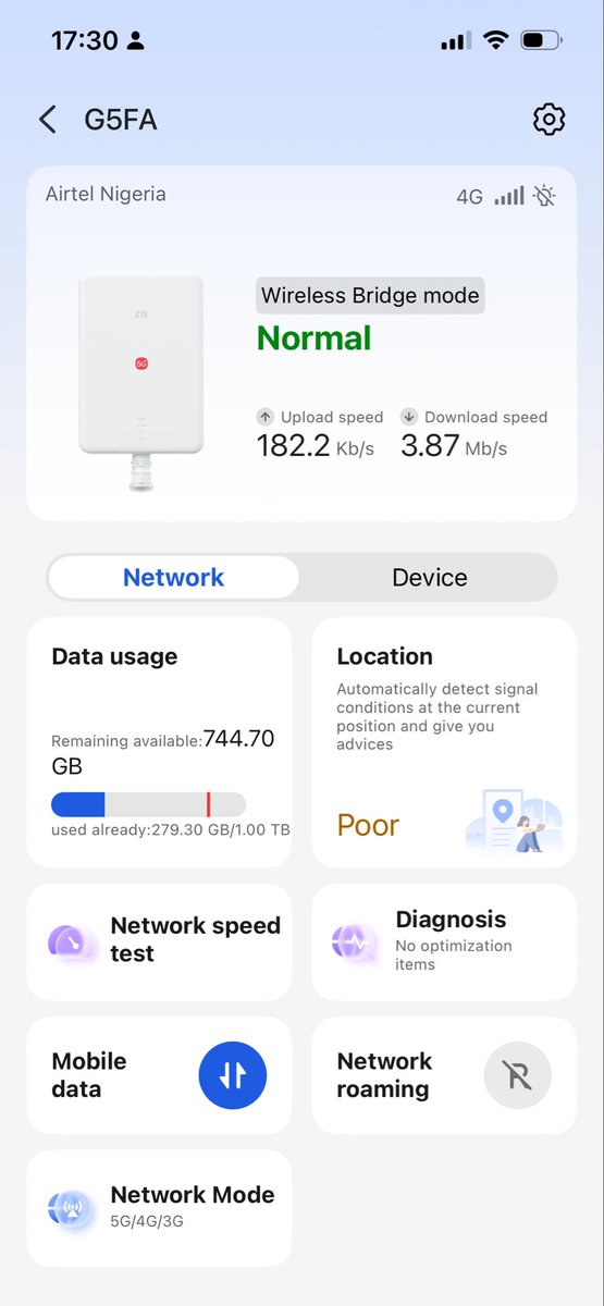 Mr_Folarin_'s tweet photo. @QueenDeejahh @AirtelNigeria Next time. Download ZTE SmartLife app and toggle the network mode. I was using 3G option for the past two days before it got restored this morning https://t.co/pFOFraPTpr
