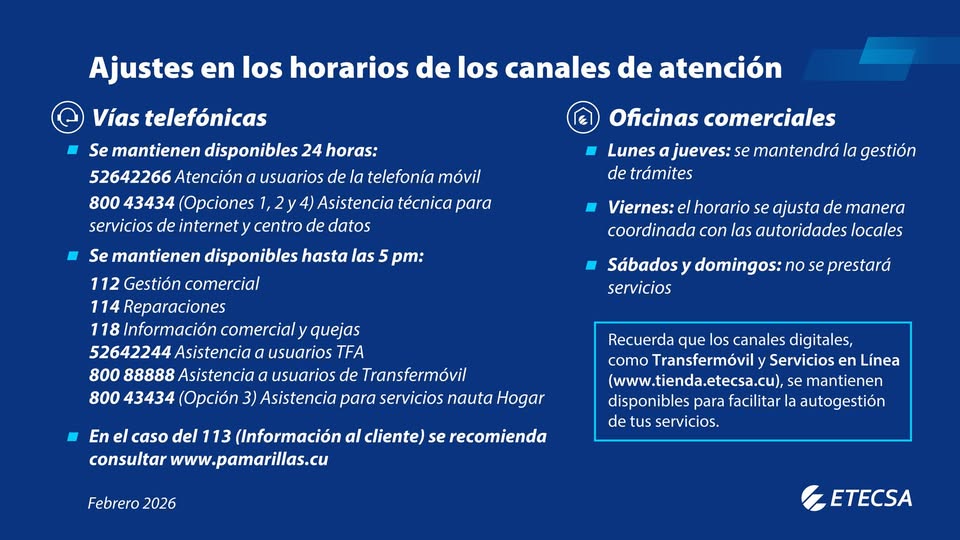 Ajuste a los horarios de canales de Atención #EtecsaConCuba