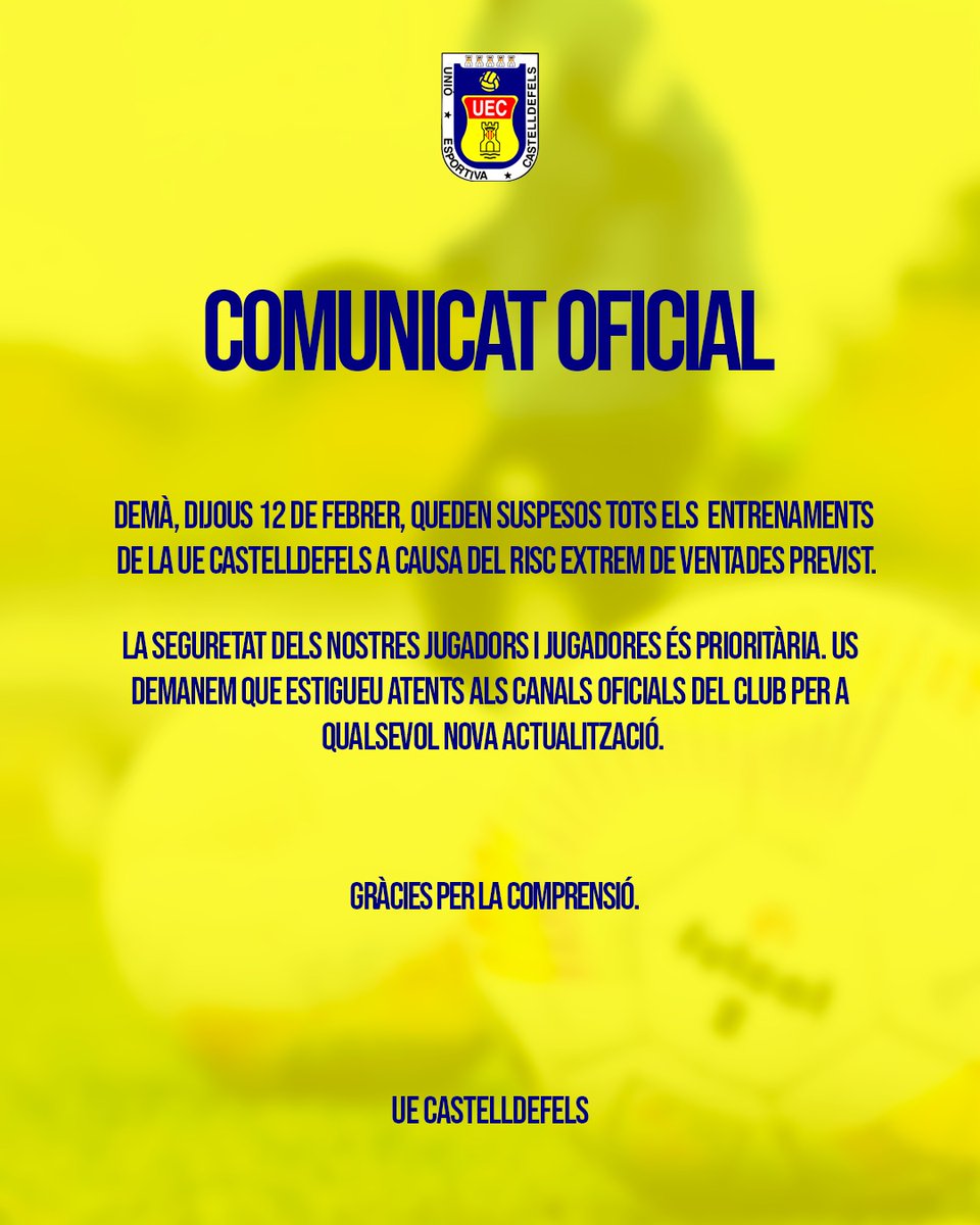uecastelldefels's tweet photo. #Entitat | 🟡🔵
❌ SUSPENSIÓ D'ACTIVITATS decretada per la @gencat
👉 Demà dijous 12 de febrer NO hi haurà ENTRENAMENTS de la @uecastelldefels a causa de l'episodi de fortes ventades previst arreu de Catalunya.
#SomHiGrocs #SomHiGrogues #PlanterUEC https://t.co/rle1QDG4NV