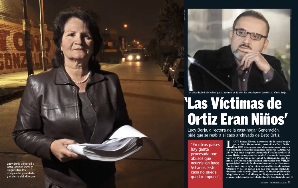 MgKmLk's tweet photo. No es secreto que Beto Ortiz es un anticatólico y ateo a rabiar; pero, ¿por qué le sale espuma por la boca cuando se habla de albergues o casas de refugio? Porque fue justamente Lucy Borja Flores, directora de la casa-hogar para niños Generación quien en 1995 interpuso una denuncia penal contra el periodista por abuso sexual de menores (fuente: CARETAS 2145).