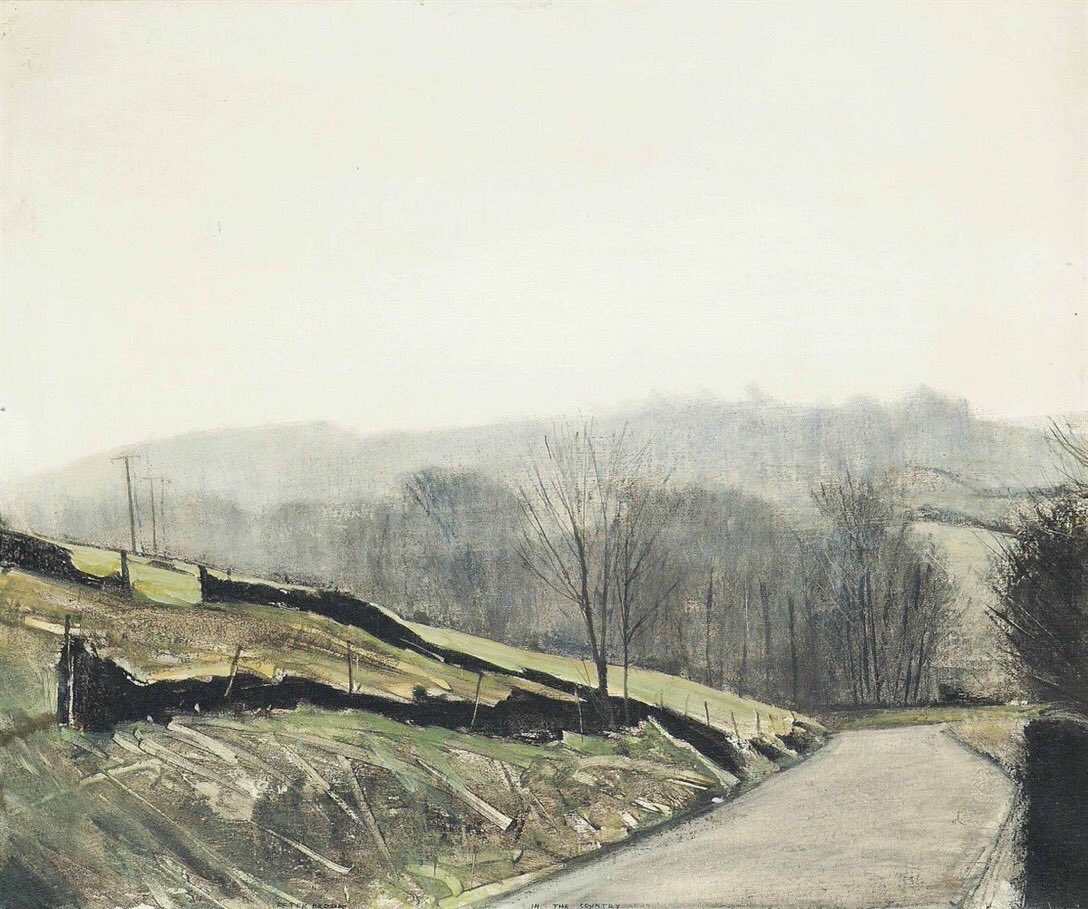 There’s something of this winter’s cold dull days in Peter Brook’s ‘In the Country’, where the mist, the dominant feature of the painting, hangs over the hillside as it merges into a uniform grey sky, while in the foreground an empty featureless road does little to lift the mood.