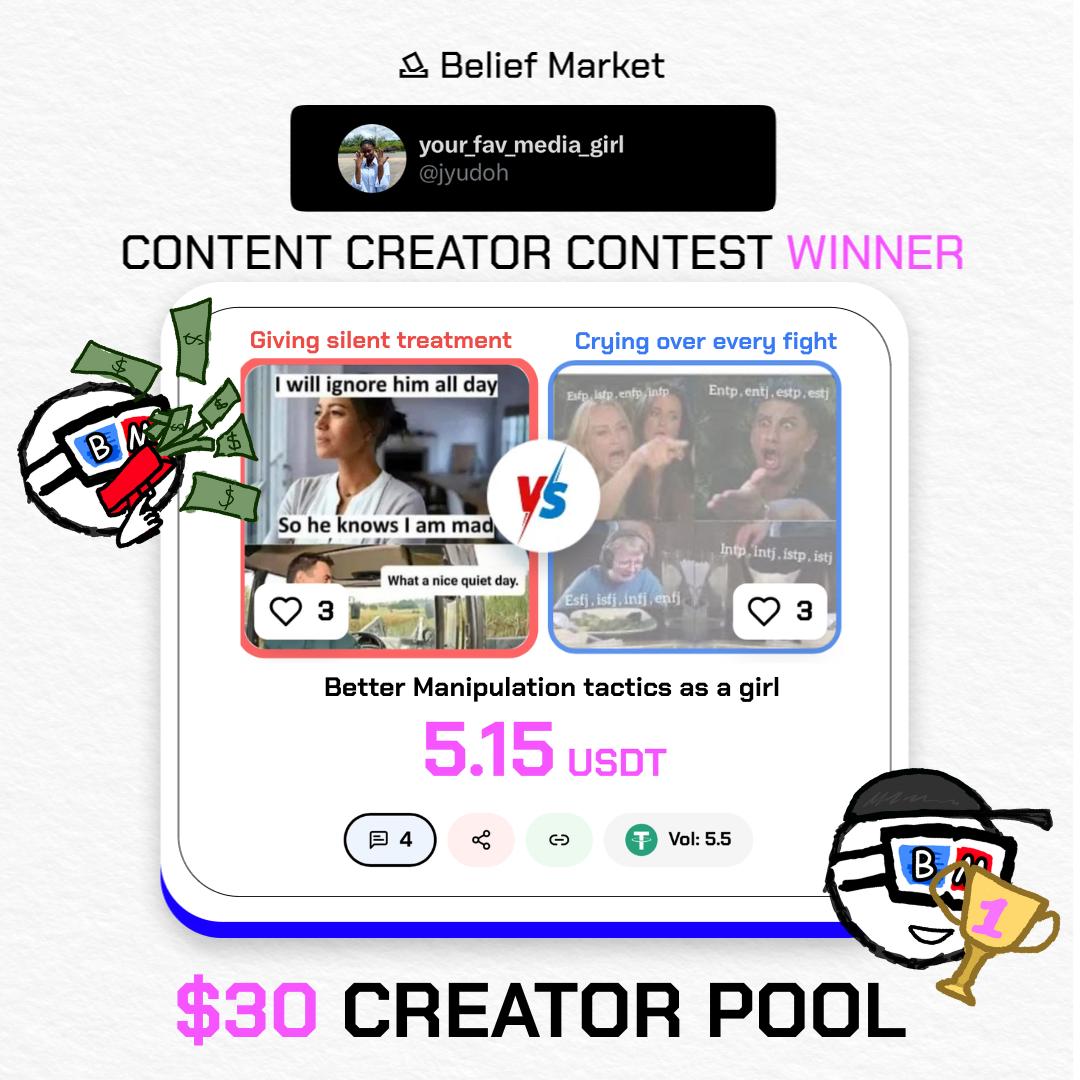 BeliefMarket_'s tweet photo. We're pleased to announce our 3-day market creator contest winner 🏆 

MarketCreationContestR8 winner(Relationship and dating): @jyudoh
X post: https://t.co/9LpEoHNcBD
Market: https://t.co/g7dhu7Eqdv

Congratulations 🎉 https://t.co/VxXbqRBbhG