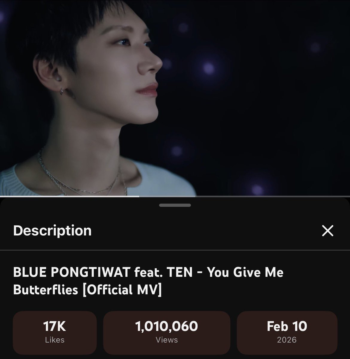 Congratulations🎉 BLUE PONGTIWAT feat. #TEN - You Give Me Butterflies [Official MV] has surpassed 1 Million views on YouTube

🐱youtu.be/GBVlOJup4Ec?si…

Don’t forget to 👍💬🔊 
อย่าลืมกดไลก์ &amp; คอมเมนต์ &amp; แชร์นะคะ 

#YouGiveMeButterflies #เตนล์ #TENLEE