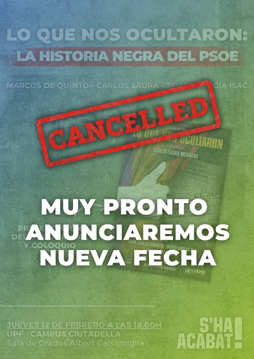‼️#URGENTE
Debido a la alerta por la situación meteorológica en Cataluña y al cierre de la UPF por la misma, el acto previsto para mañana queda pospuesto.

En breve anunciaremos la nueva fecha.

¡Nos vemos muy pronto para destapar la historia negra del Partido Socialista!