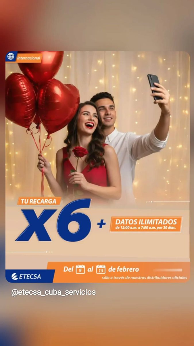 Desde el 9 hasta el 15 de febrero, si recibe una #RecargaInternacional entre 600 y hasta 1250CUP, se multiplicará por 6 el monto de dinero recargado en su saldo principal y obtendrá datos ilimitados para navegar de 12:00 a.m. a 7:00 a.m. durante 30 días.
#EtecsaConCuba