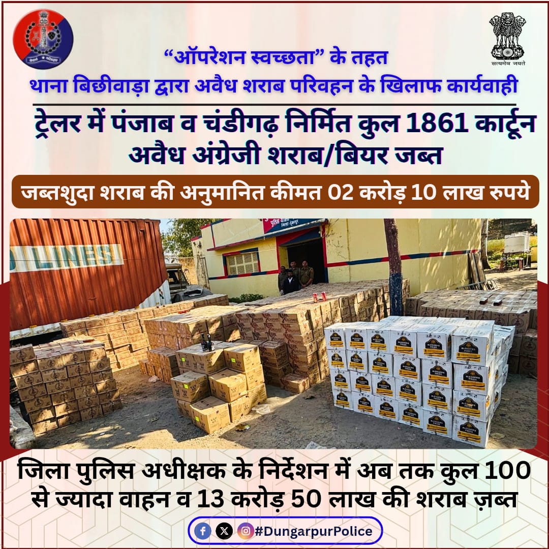 जिला पुलिस अधीक्षक के निर्देशन में अब तक कुल 100 से ज्यादा वाहन व 13 करोड़ 50 लाख की शराब जब्त,
ऑपरेशन स्वच्छता के तहत पुलिस थाना बिछीवाड़ा द्वारा अवैध शराब परिवहन के खिलाफ कार्यवाही, 
<a href="/igpudaipur/">Udaipur Range Police</a>
<a href="/policerajasthan/">Rajasthan Police</a> 
#Rajasthanpolice