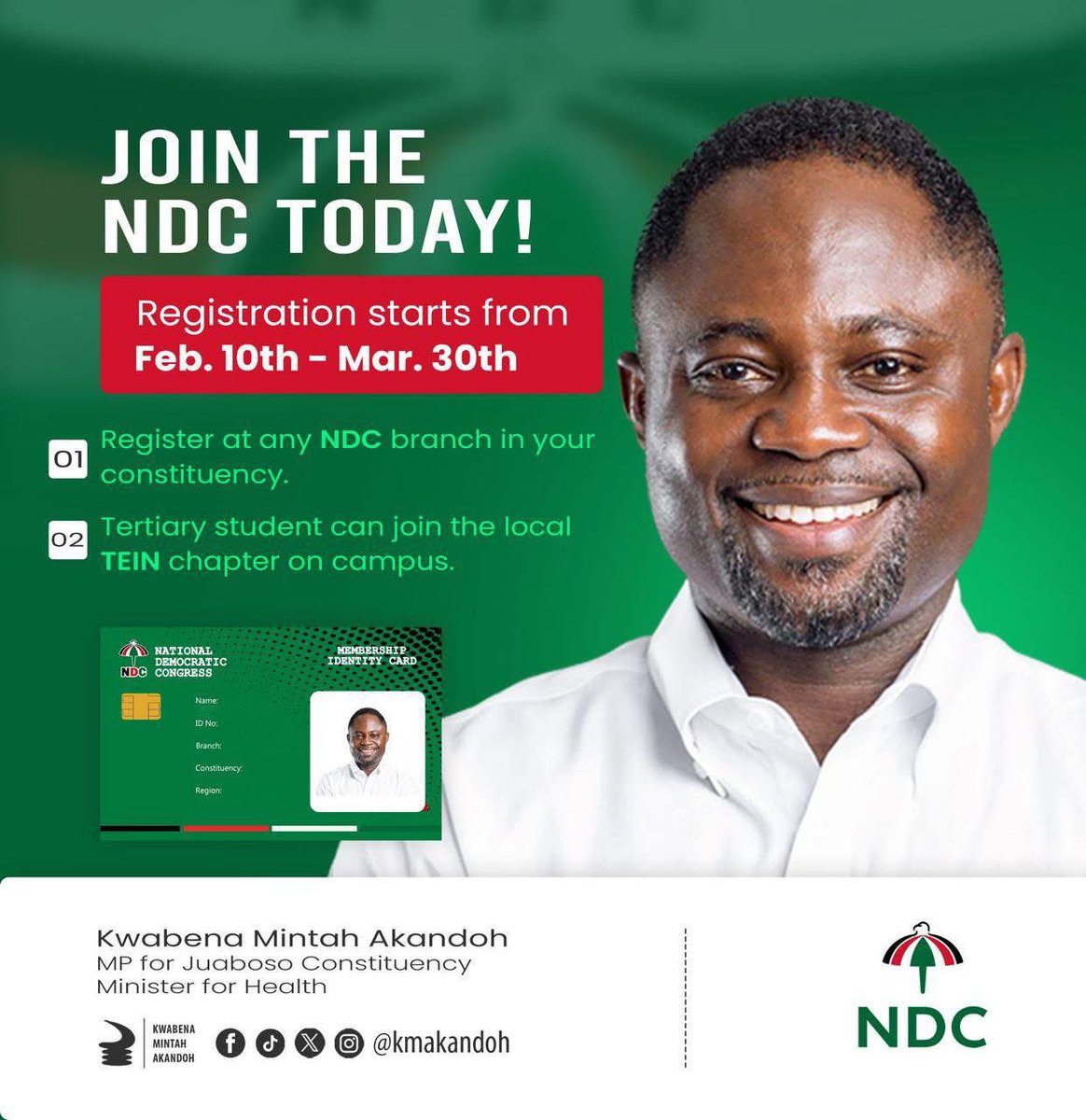 Join the NDC Today!! 

Be part of a party that puts people first, promotes inclusive development, and works to improve lives across Ghana. The time to act is now. Go register!! 

#JoinNDC