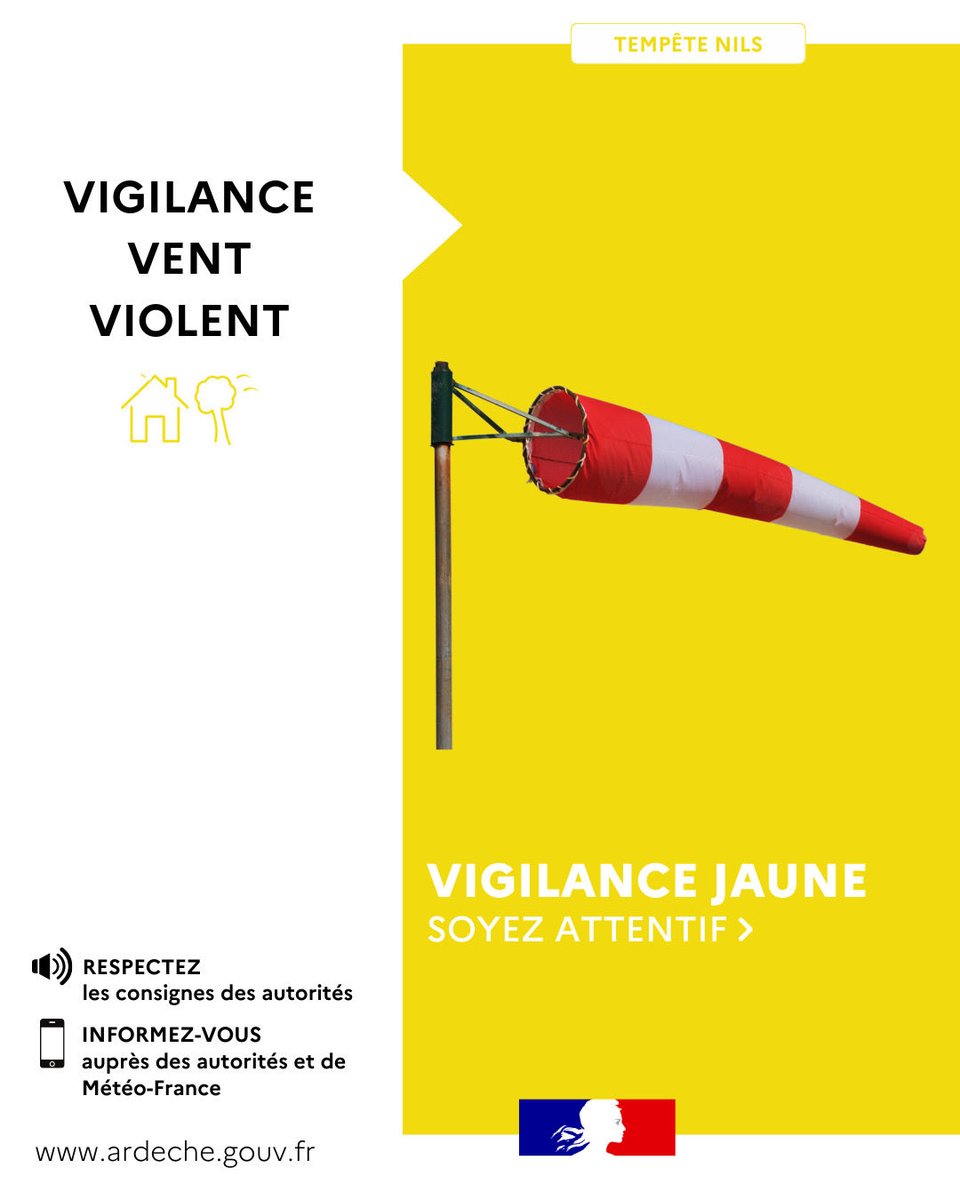 Image de Préfet de l'Ardèche - #Vigilance | ⚠️🟡 Météo-France place le département de l’Ardèche en vigilance jaune vent le jeudi 12