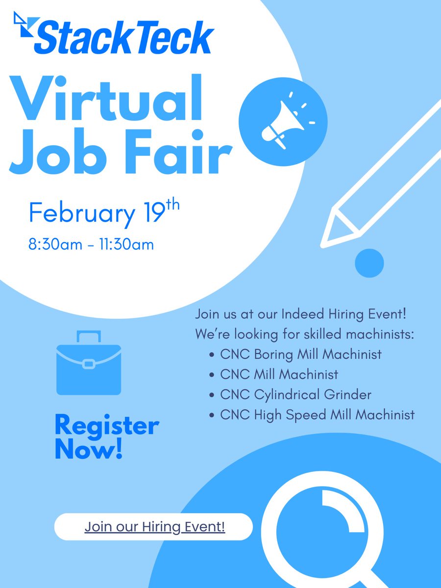 Join us for a Virtual Indeed Hiring Event on February 19th from 8:30am to 11:30am to learn more about our opportunities and connect directly with our team.

Register here:
intsignup.indeed.com/interview/6779…

#cnc #Jobs