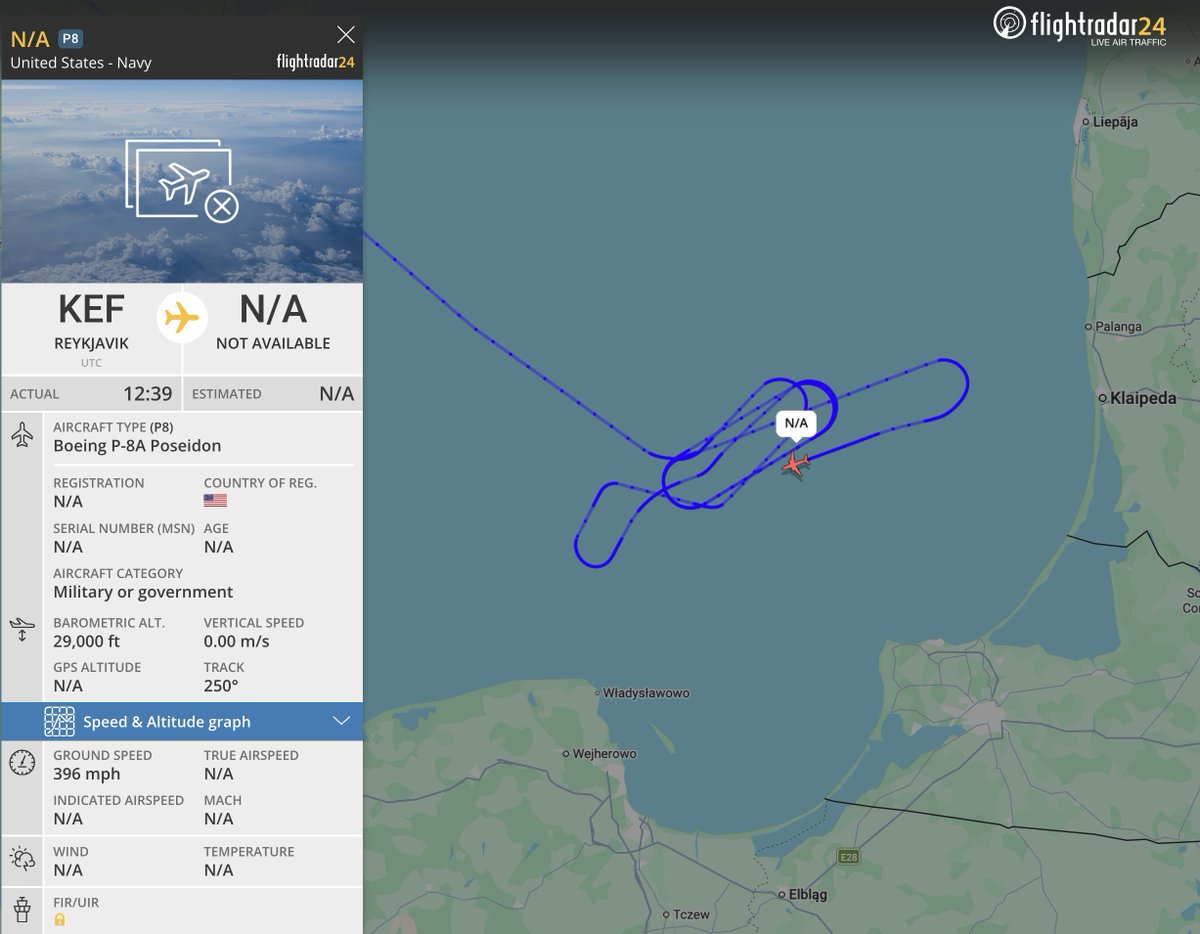 alternativewip's tweet photo. #USNavy P-8A poseidon seen on the flight radar circling and operating over the baltic sea close to the coastline of kaliningrad russia, 29K feet altitude, departure from naval air station keflavik iceland. #AE67DF #BalticSea #Kaliningrad https://t.co/Ks8owBGfoT