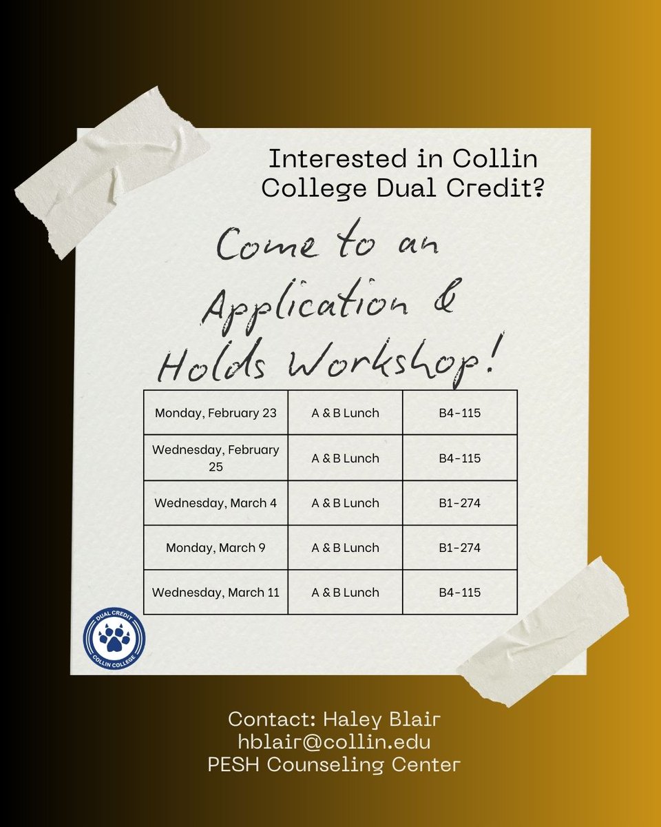 New to dual credit?  Come to our workshops for application and holds assistance.