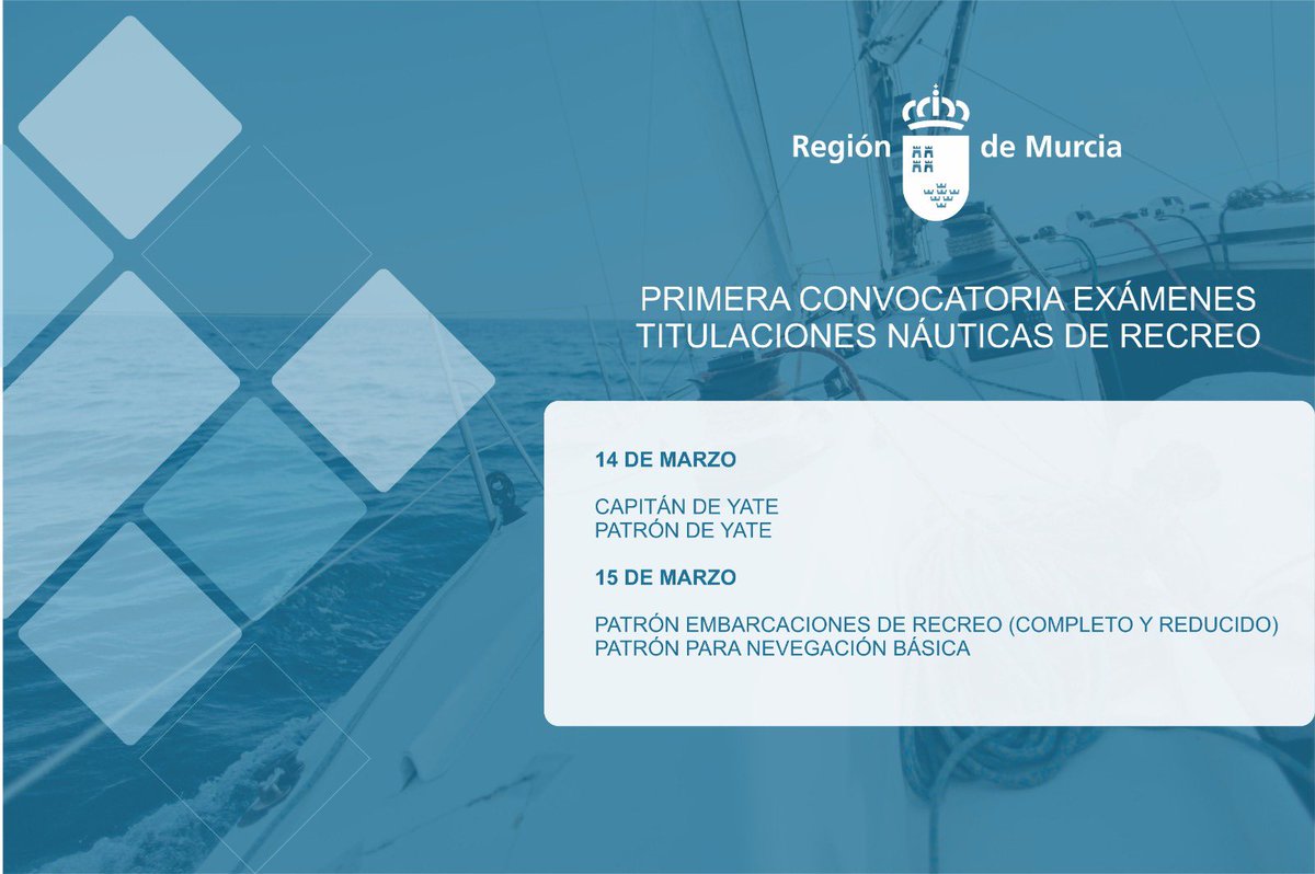 ⛵Abierto el plazo de inscripción para la primera convocatoria de los exámenes de titulaciones náuticas de recreo.

👉🏼 El plazo permanecerá abierto hasta el 18 de febrero.

Consulta la información y formaliza tu inscripción en: carm.es/web/pagina?IDC…
