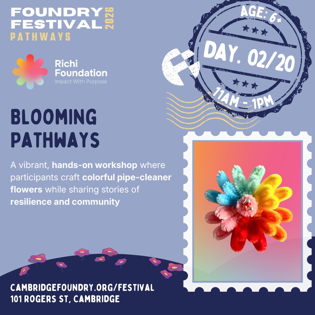 RichiFoundation's tweet photo. We invite you to join us for a morning of connection and creativity! 🌸

The @RichiFoundation returns to the @FoundryCamb's Festival for another year! Our activity, Blooming Pathways, will feature Marisabel, a leukemia survivor and #RichiHouse member who transformed her journey into a creative business.

Join us for an inspiring talk on the invisible threads that connect us, followed by a hands-on workshop to craft your own pipe-cleaner flower, a symbol of healing and collective strength. Everyone is welcome!

📅 When: Friday, Feb 20th | 11:00 AM – 1:00 PM

📍 Where: The Foundry, 101 Rogers Street, Cambridge

✨ Ages: 6+

🔗 Register here: https://t.co/uTM63Dd4FB