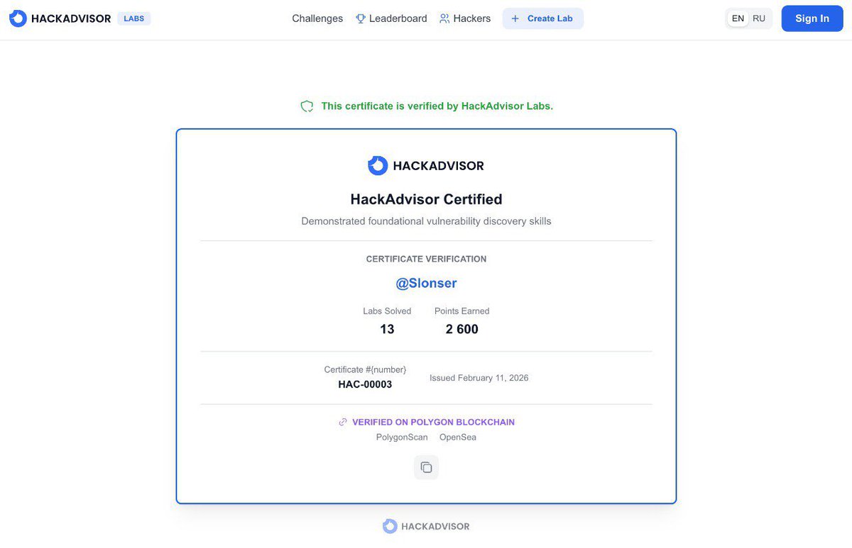 hackadvisor's tweet photo. HackAdvisor Labs now issues on-chain certificates (SBT on Polygon).

3 levels:
Certified — 8 labs
Pentester — 15 labs
Elite — 20 labs

23 real bug bounty–based challenges.

Solve → earn a public, verifiable credential.

https://t.co/r3RAlRBnP9 https://t.co/EVbO0GLn4x