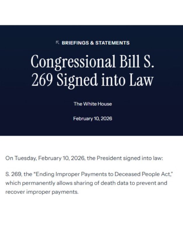 🚨 President Trump just SIGNED a law BANNING improper federal payments to dead people, permanently allowing data sharing across agencies so stolen funds can be recovered.

The grift is over!