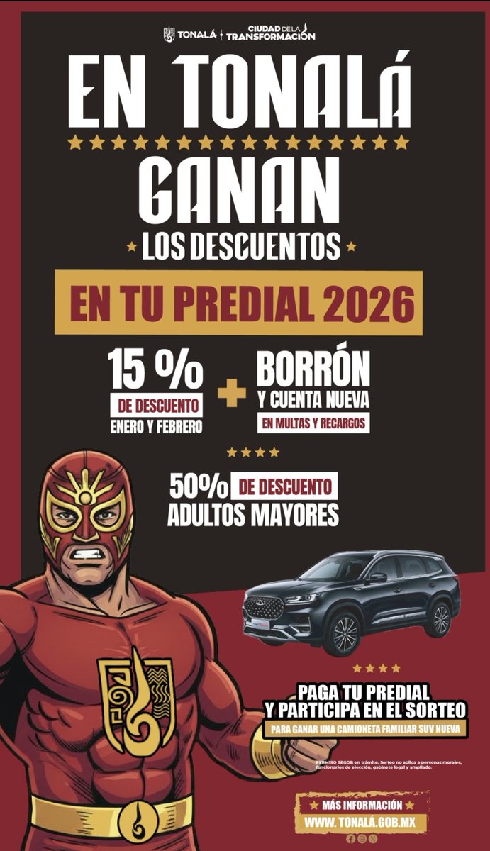 En Tonalá paga tu predial y aprovecha los descuentos en tu pago  de Predial 2026 

( 1 )Aprovecha 15 % de descuento en enero y febrero

( 2 )Borrón y cuenta nueva en multas y recargos

( 3 ) y no olvides que el 50% de descuento para adultos mayores

<a href="/gobierno_tonala/">Gobierno de Tonalá</a>