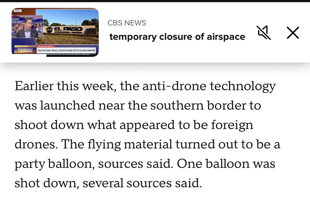 It always pays to read down into the story! The “War Department” scrambled its new laser technology near the southern border and shot down… a party balloon! cbsnews.com/news/airspace-…