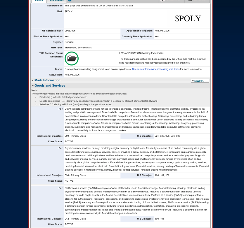 The World's Largest Prediction Market has been busy in 2026. Polymarket has filed 14 new U.S. trademark applications, including an application this month for $POLY in connection w/ 

providing a digital currency or digital token for use by members of an on-line community; &amp; more