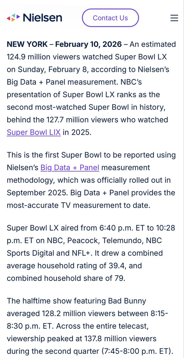 jjsalga2's tweet photo. @rodriguezjorgel @TMZ @rodriguezjorgel En esta ocasión tengo que decir que los datos utilizados no son los mismo que usted hace referencia. Según Neilsen el SB en promedio fue visto por 124.9M y el halftime promedió 128.2M. Por tal razón, el problema estuvo totalmente en el interés del juego como tal. https://t.co/YnPeNNJeXJ