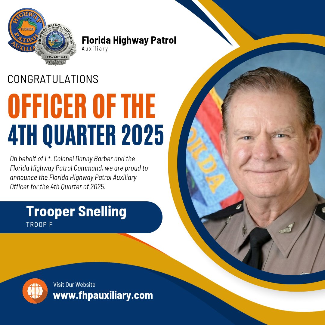 Auxiliary Trooper Snelling of Troop F has been named FHPA Officer of the 4th Quarter 2025.
He volunteered for 22 of 24 range days during transition training, helping achieve a 100% qualification rate. Logging 200+ training hours and the highest patrol hours of the quarter.