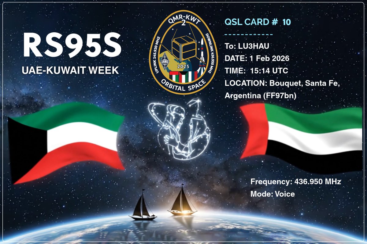 LU3HAU's tweet photo. 📡 QSL recibida por el 2° Test de Activación del Repetidor FM del RS95S (QMR-KWT-2) 🛰️
1 Feb 2026 – 15:14 UTC
📶 436.950 MHz
🎙 Voice
📍 Bouquet, Santa Fe (FF97bn)
Muchas Gracias @orbital_space
#CubeSat #AMSAT #RS95S #QMRKWT2 #OrbitalSpace #Radioaficionados https://t.co/pPQp0UoSoa