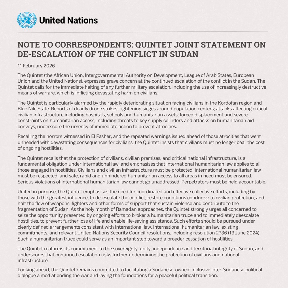 In a joint statement today, the Quintet (AU, IGAD, LAS, EU, UN) expresses grave concern at the continued escalation of the conflict in the #Sudan. They calls for the immediate halting of any further military escalation.
Full statement: un.org/sg/en/content/…