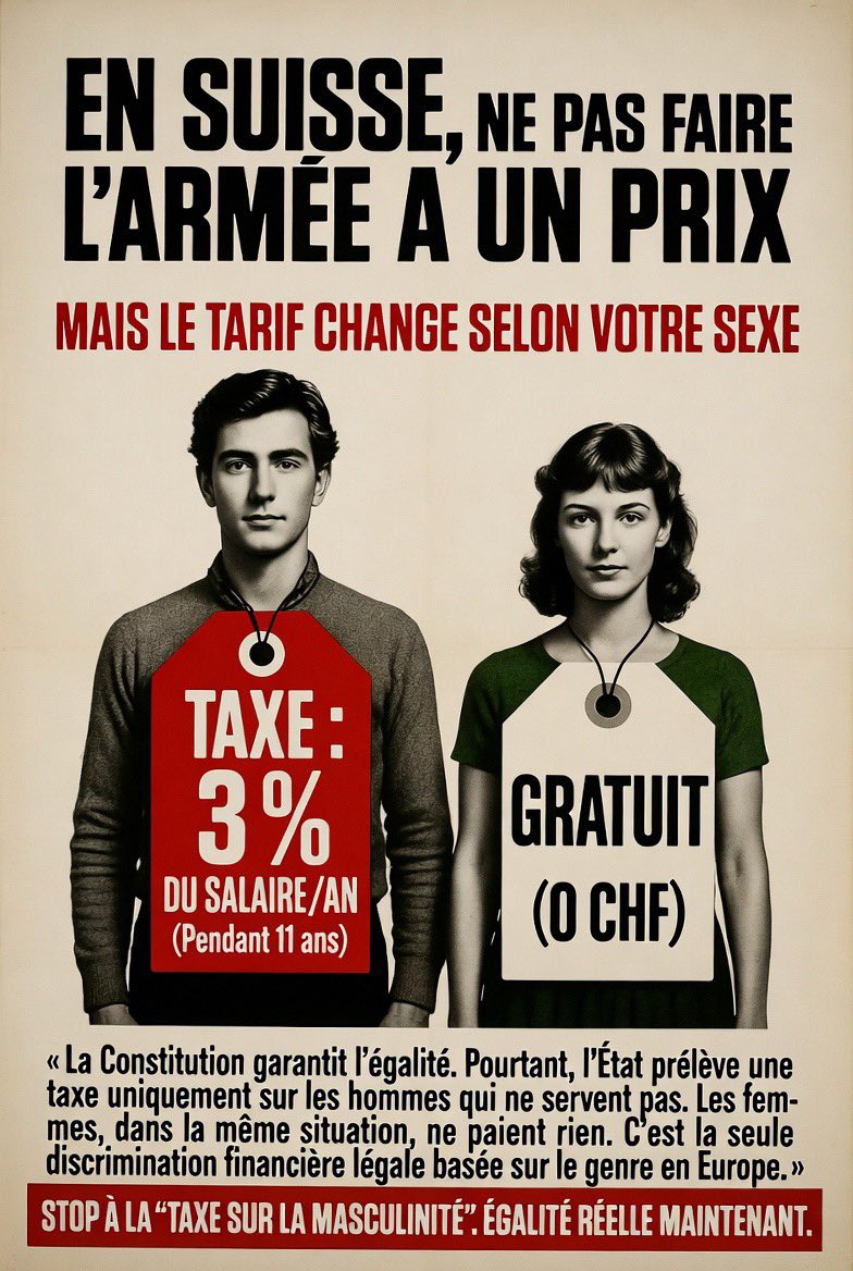 Si tu ne fais pas l'armée :

Tu es une femme ? 0 CHF.

Tu es un homme ? 3% de ton salaire pendant 11 ans.

L'État suisse prélève littéralement une "Taxe sur l'existence masculine".

C'est la seule discrimination financière légale basée sur le sexe en Europe.