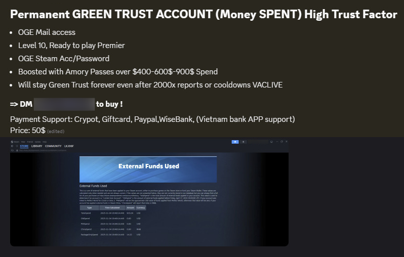 vaccoin's tweet photo. Resellers appear to be selling accounts with a "Permanent Green Trust Factor" on Counter-Strike 2 ⚠️

Advice: do not purchase these accounts 🚫 https://t.co/bApaMB4YxX