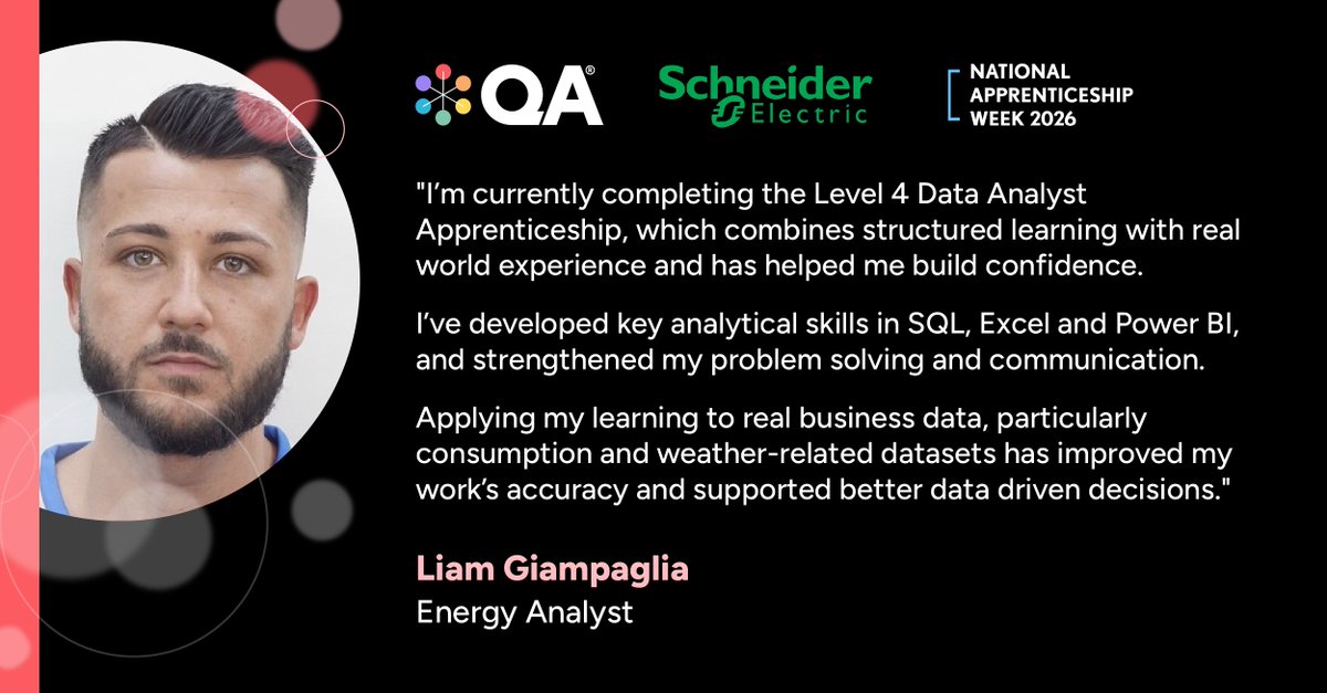 QA_Ltd's tweet photo. For #ApprenticeWednesday this NAW26, we're sharing Liam's story!

At Schneider Electric, Liam isn’t learning in theory. He’s applying new data, problem-solving and communication skills in real time to improve reporting, accuracy and decision-making across the business - that’s the impact of the Level 4 Data Analyst apprenticeship.

👉 Learn more about our data apprenticeships: https://t.co/wHWIq8KXd0

#nationalapprenticeshipweek2026 #NAW26 #dataanalysis #qalimited
