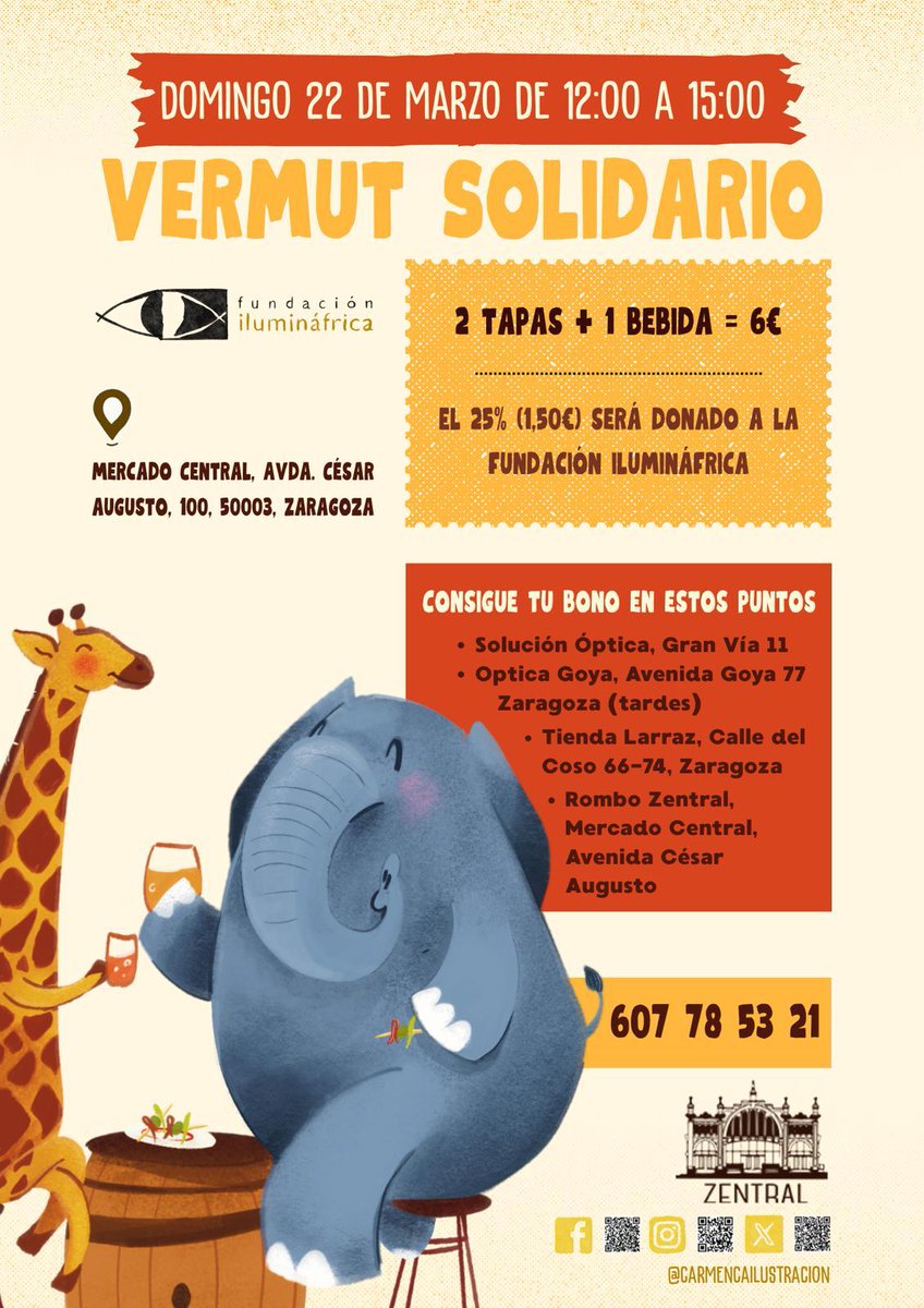iluminafrica's tweet image. El domingo 22 de marzo se celebrara nuestro #Vermu #solidario de 12h a 15h en el #RomboZentral del @mercacentralzgz en Avda. de César Augusto #Zaragoza
Colabora en el #vermuiluminafrica consigue tu bono de 2 tapas y 1 bebida por un donativo de 6€ en estos puntos de #zgz
