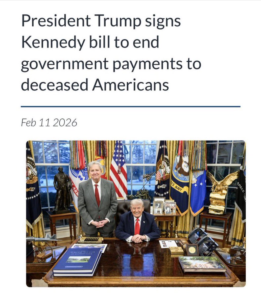 Breaking911's tweet photo. BREAKING: President Trump signs Kennedy bill to end government payments to deceased Americans. https://t.co/MOp1oPemDK