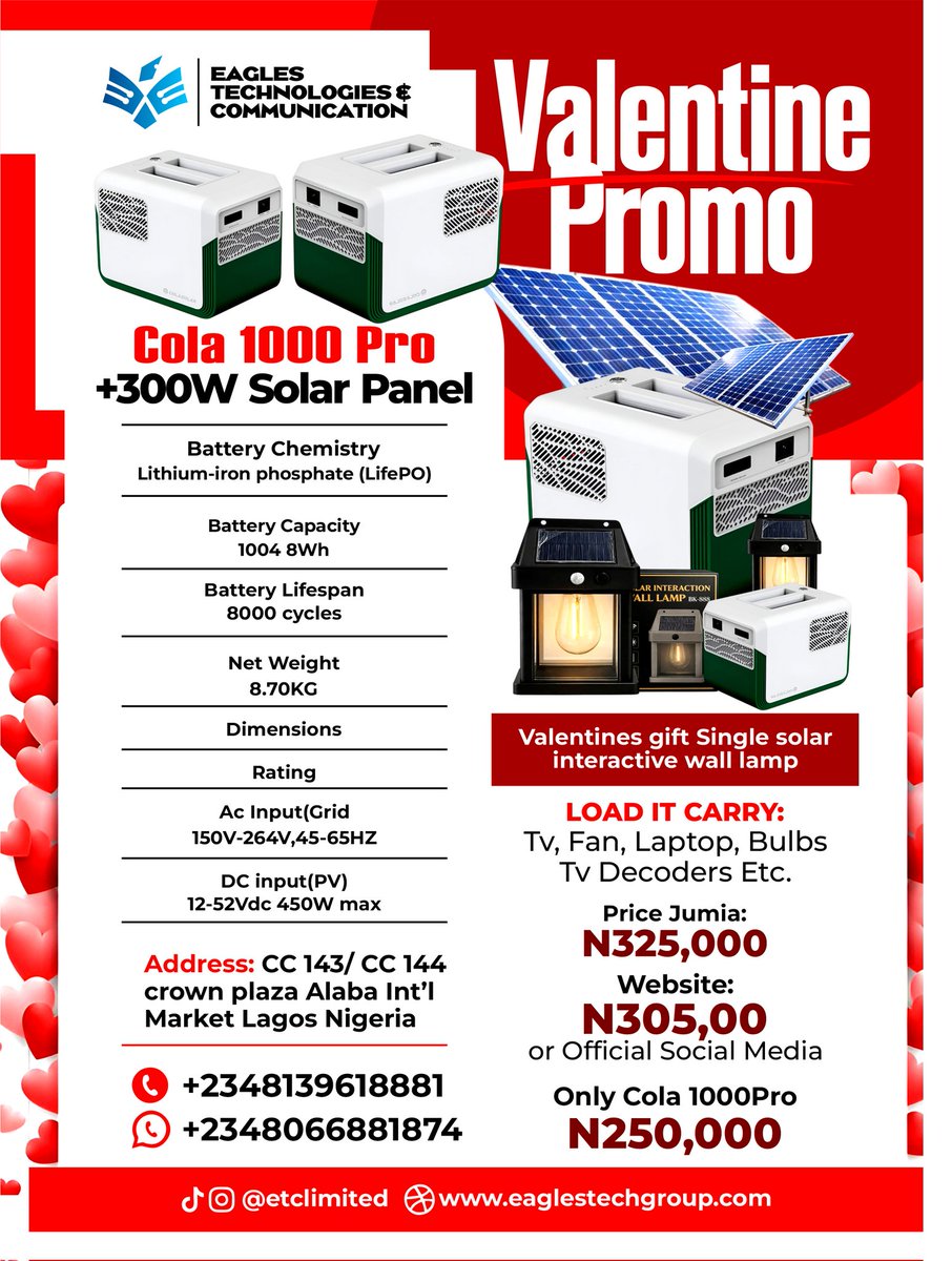 ibekweid's tweet photo. We are currently running a promo
You can choose to buy Colasolar 1000 pro plus solar panel or just the product
This can carry your TV, laptop, pumping machine, table fridge etc

Billboard hot 100 | Seyi makinde | Eric Chelle | Electoral Act | Brabus | West Ham | BC games | Leeds https://t.co/2U3lhXyc9t
