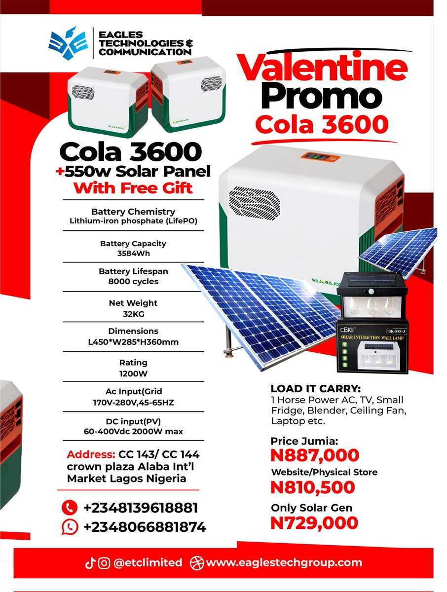 ibekweid's tweet photo. We are currently running a promo
You can choose to buy Colasolar 1000 pro plus solar panel or just the product
This can carry your TV, laptop, pumping machine, table fridge etc

Billboard hot 100 | Seyi makinde | Eric Chelle | Electoral Act | Brabus | West Ham | BC games | Leeds https://t.co/2U3lhXyc9t