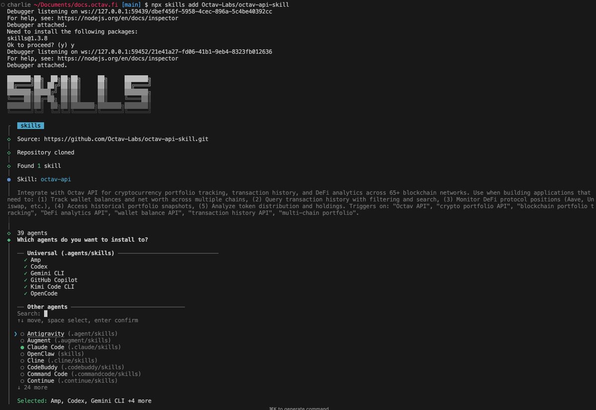 The Octav API is now available as an Agent Skill.

One command and your AI agent knows how to track portfolios, query transactions, and monitor DeFi positions across 65+ chains.

npx skills add Octav-Labs/octav-api-skill

Works with Claude Code, Codex, ChatGPT, and any agent