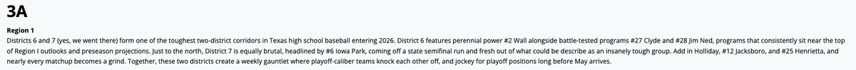 TxHS_Baseball's tweet photo. 2026: Toughest District in the State ($)

Check out our latest premium content article - Toughest District in the state for 2026 (all classifications).  See what we think in this over 5,000-word article.
https://t.co/9hBTv2YoMY https://t.co/3Qu5rLKbyJ