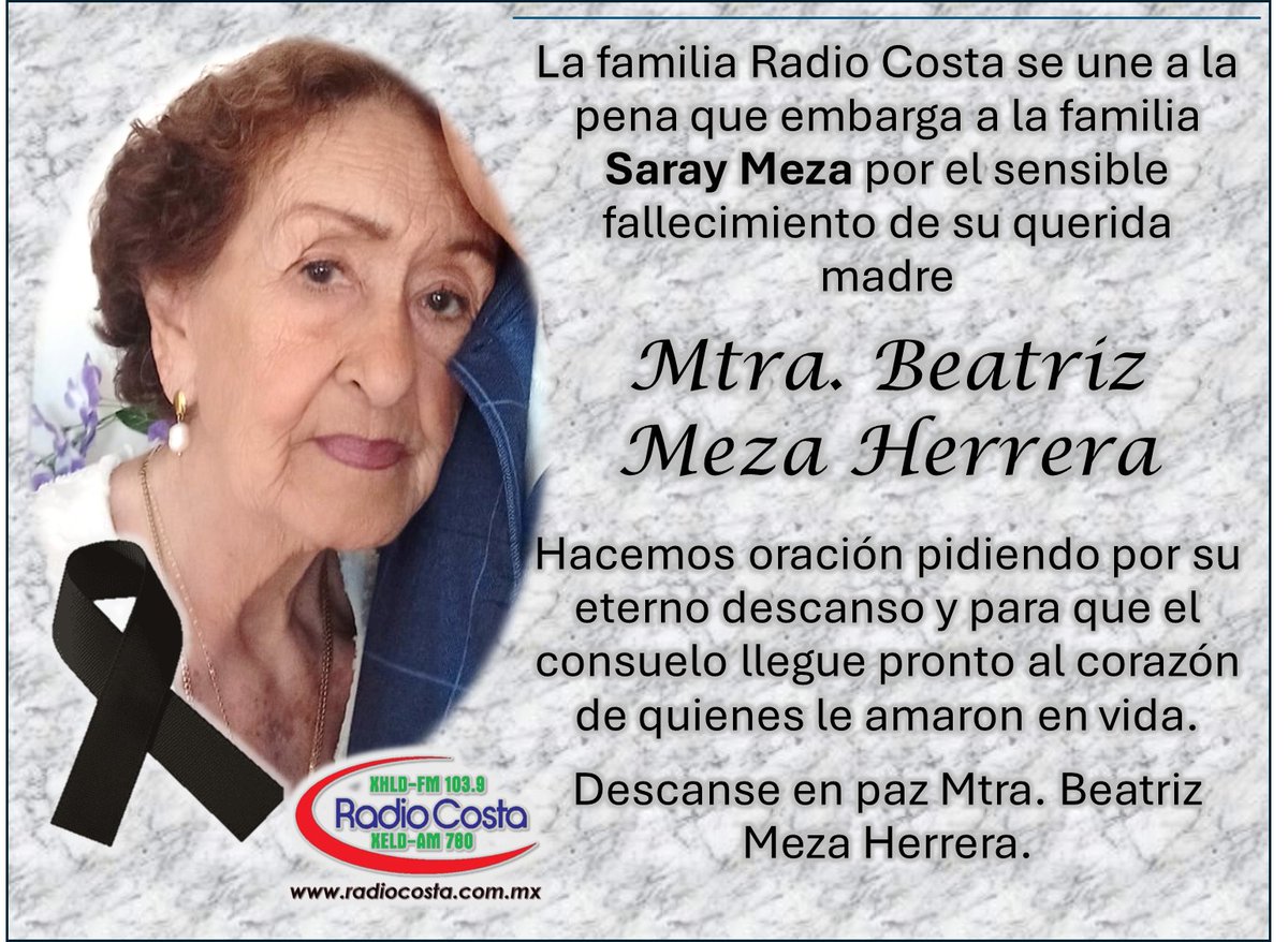 Nos unimos a la pena que embarga al Mtro. Horacio Saray Meza y a toda su familia por el sensible fallecimiento de su querida madre, la maestra Beatriz Meza Herrera.
Nos sumamos en oración por su eterno descanso y pedimos un pronto consuelo para sus deudos.